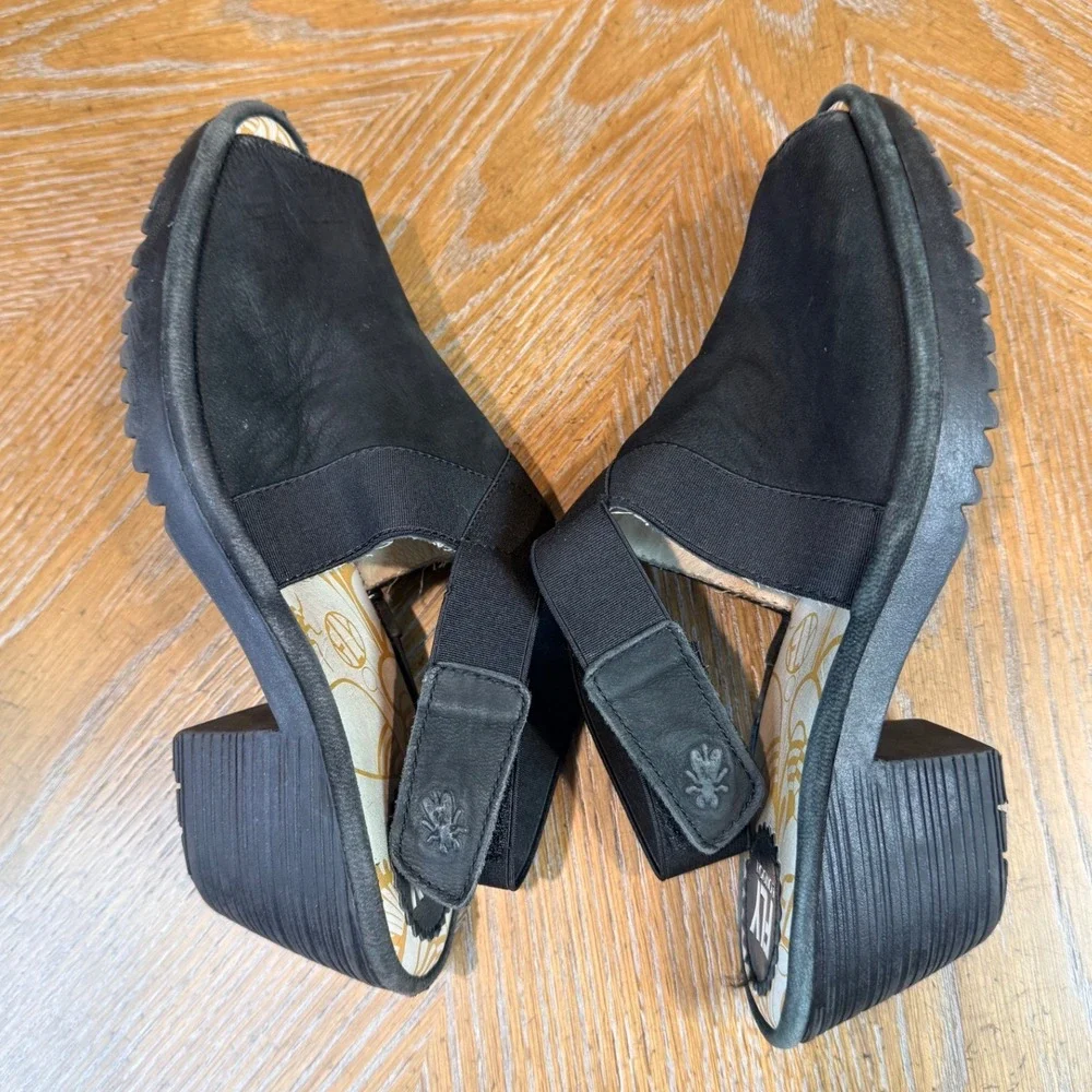 Fly London Wato Peep Toe Slingback Heel Sandals Suede Black Size 38 US 7-7.5
